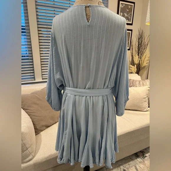 Mittoshop Boho Ruffled Hem Textured Flowy Pastel Blue Long Sleeve Dress Tie - Picture 3 of 16